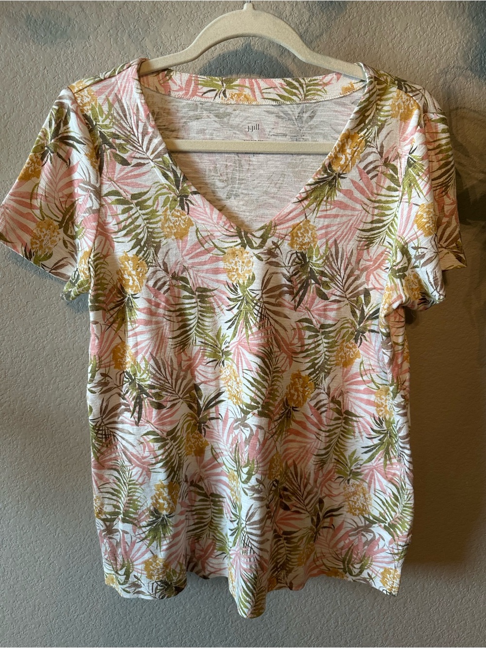 J. Jill V-Neck Tropical Print Tee in Pink, Green & Yellow